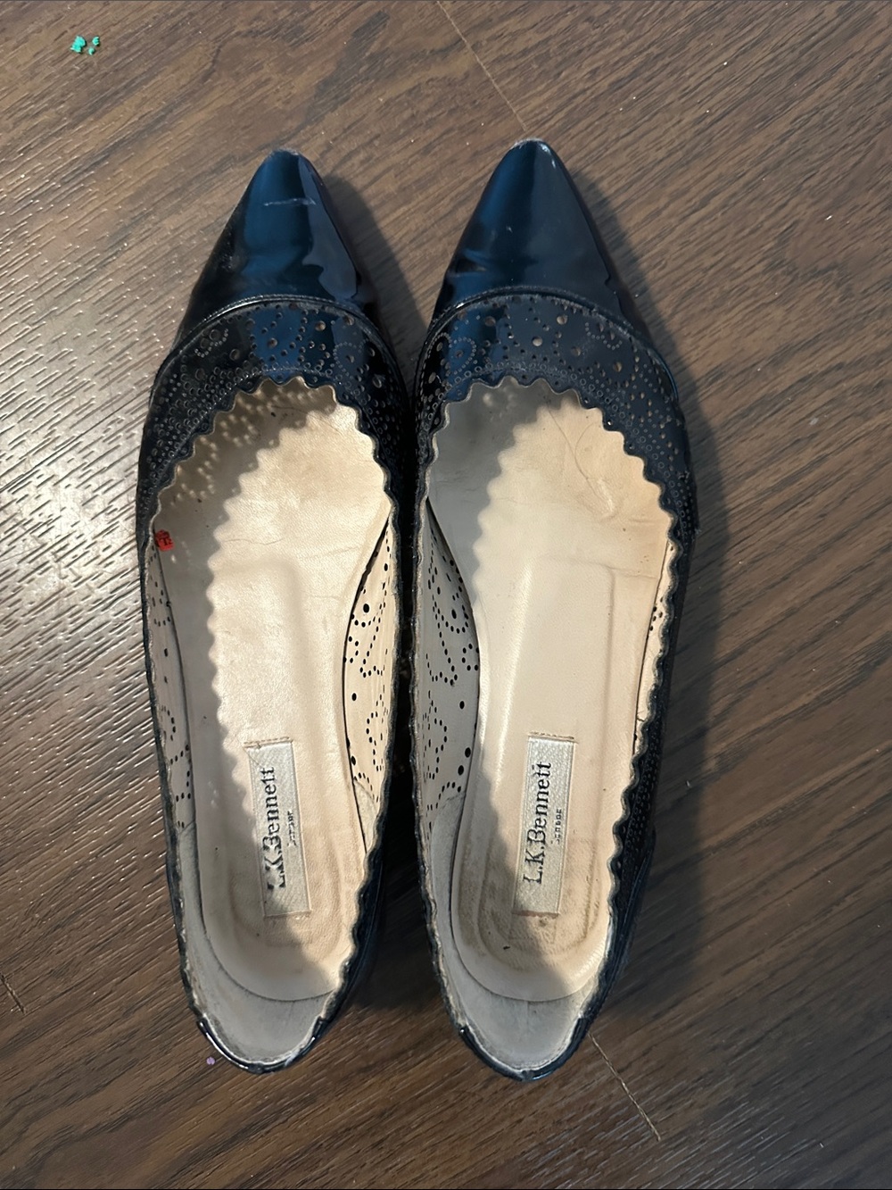 LK Bennett Black Patent Scalloped Pointed Toe Flats